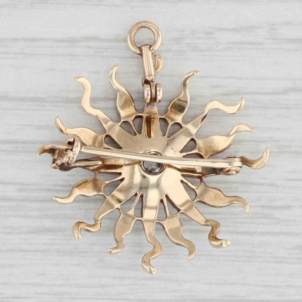 Light Gray Antique Diamond Seed Pearl Sun Brooch 14k Gold Pendant Pin