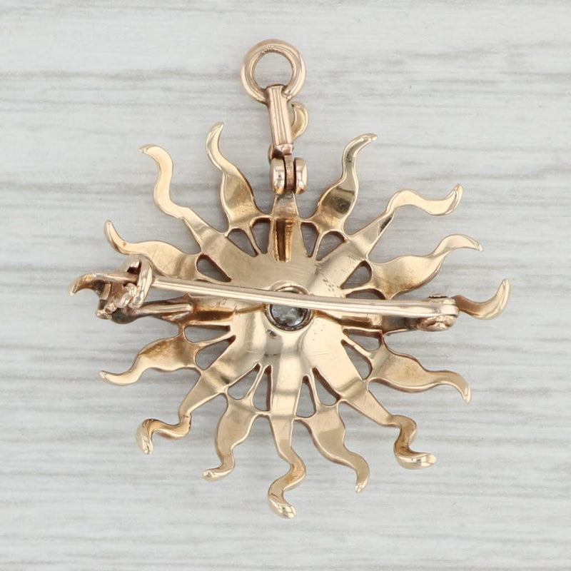 Antique Diamond Seed Pearl Sun Brooch 14k Gold Pendant Pin