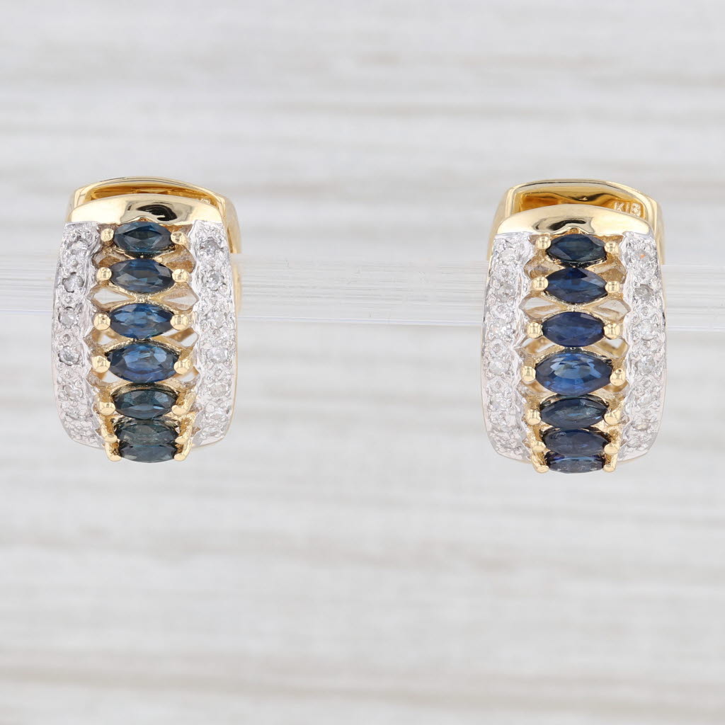 Light Gray 1.76ctw Blue Sapphire Diamond Hoop Huggie Earrings 18k Yellow Gold Snap Top