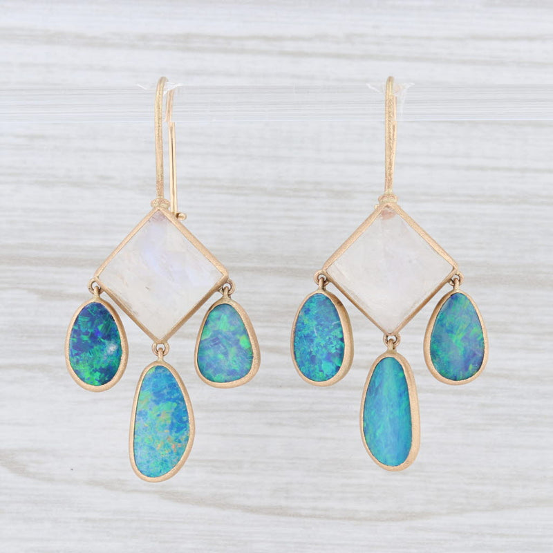 New Nina Nguyen Aztec Moonstone Opal Drop Earrings 14k Yellow Gold Hook Posts