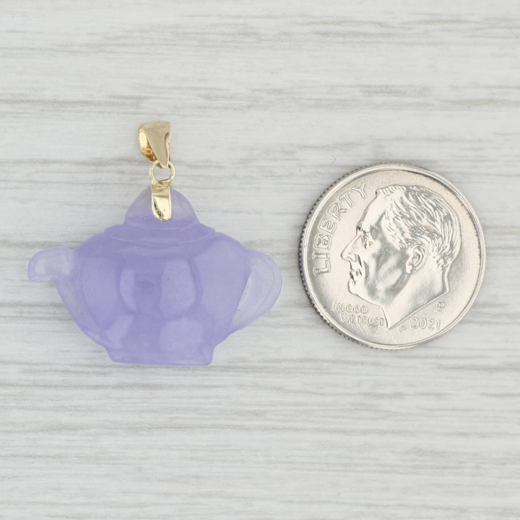 Light Gray Lavender Jadeite Jade Carved Tea Pot Pendant 14k Yellow Gold