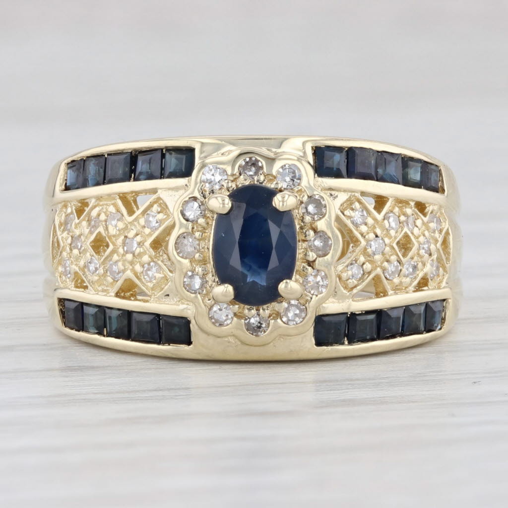 Light Gray 0.87ctw Oval Blue Sapphire Diamond Lattice Work Ring 14k Gold Size 6.5