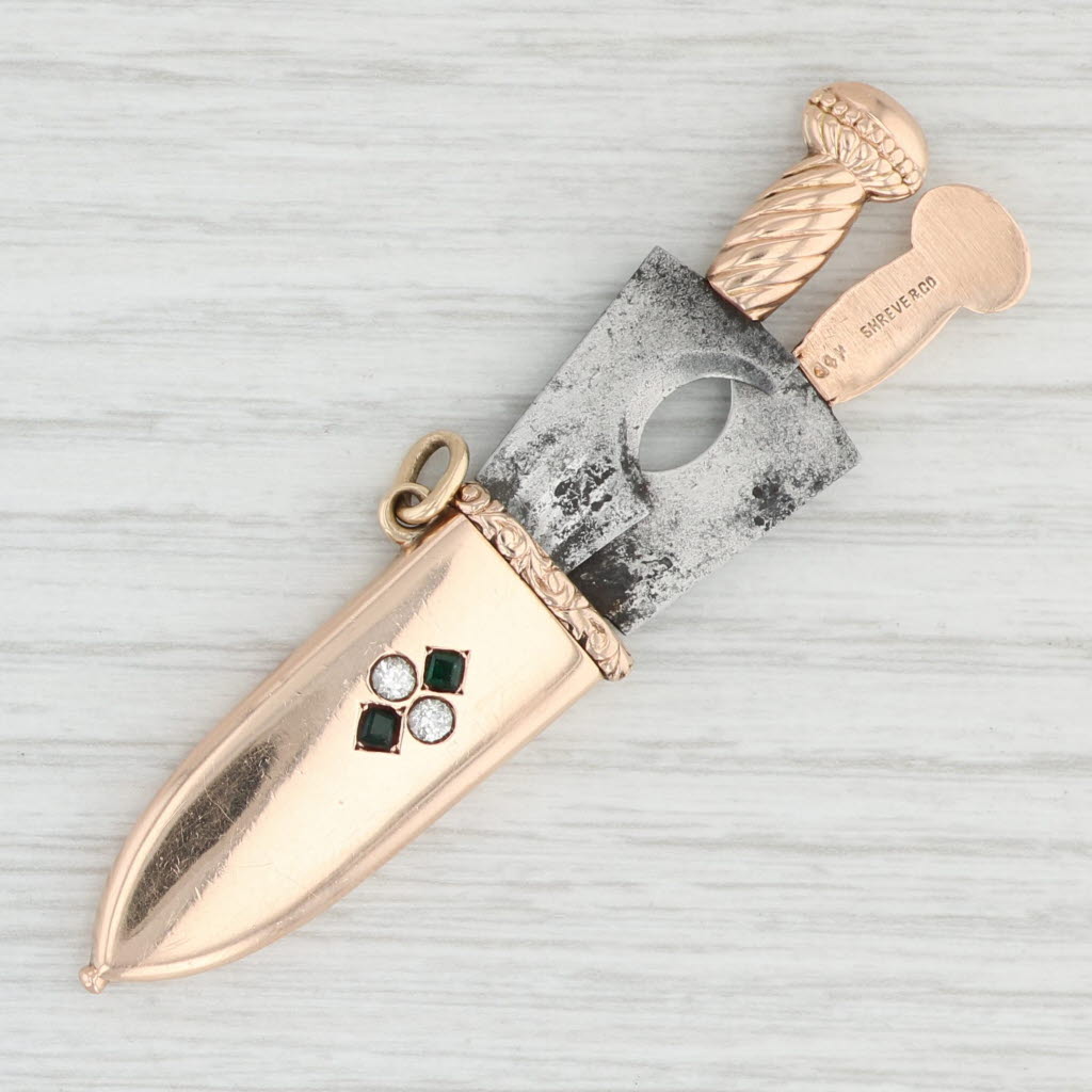 Light Gray Antique Shreve Mini Cigar Cigarette Cutter Fob Charm Gold Steel Emerald Diamond