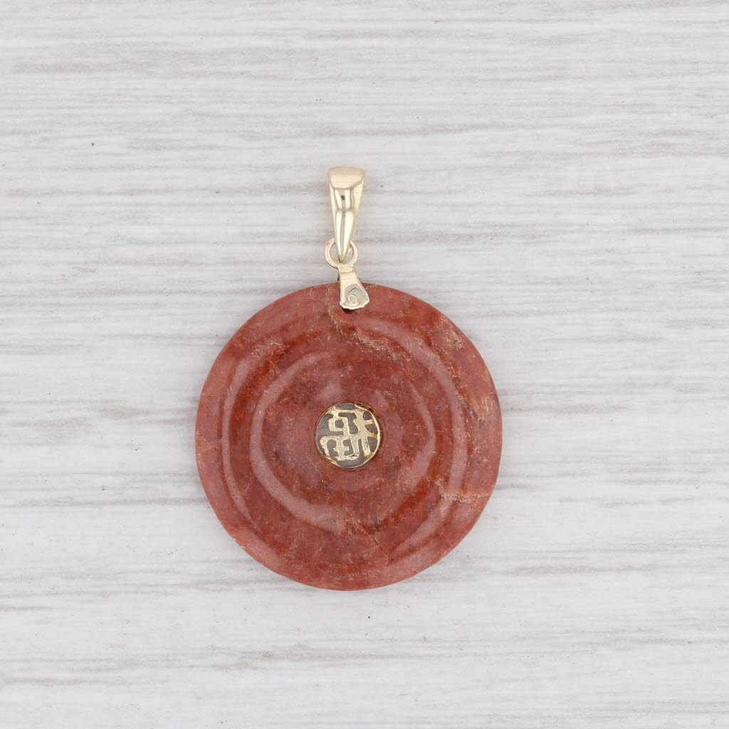 Light Gray Red Jadeite Jade Torus Pendant Chinese Good Luck 14k Yellow Gold