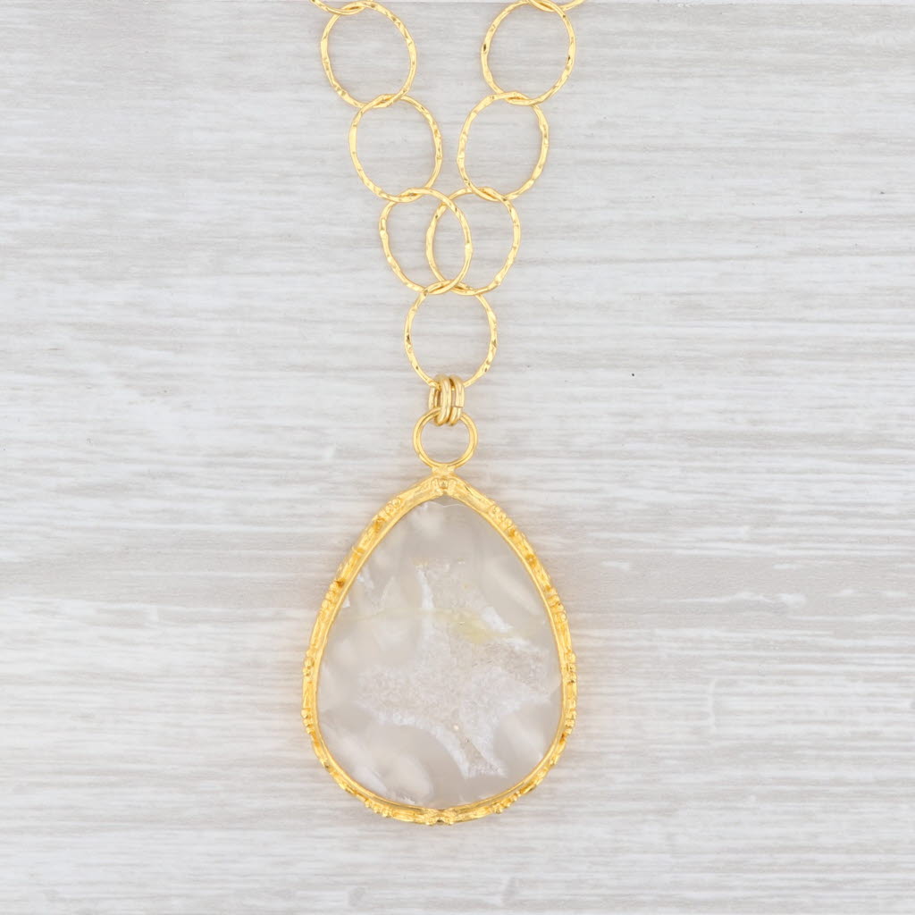 Light Gray New Nina Nguyen Druzy Quartz Agate Pendant Necklace 19" Sterling Silver 22k Gold