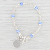 New Blue Clear Glass Bead Bracelet Engravable Charm 7.5" Sterling Silver