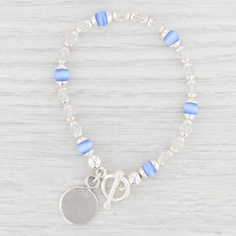 New Blue Clear Glass Bead Bracelet Engravable Charm 7.5" Sterling Silver