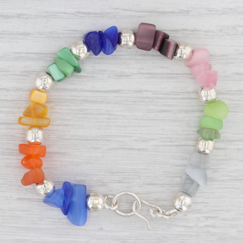 New Multi Color Glass Bead Statement Bracelet Sterling Silver 7” Hook Clasp