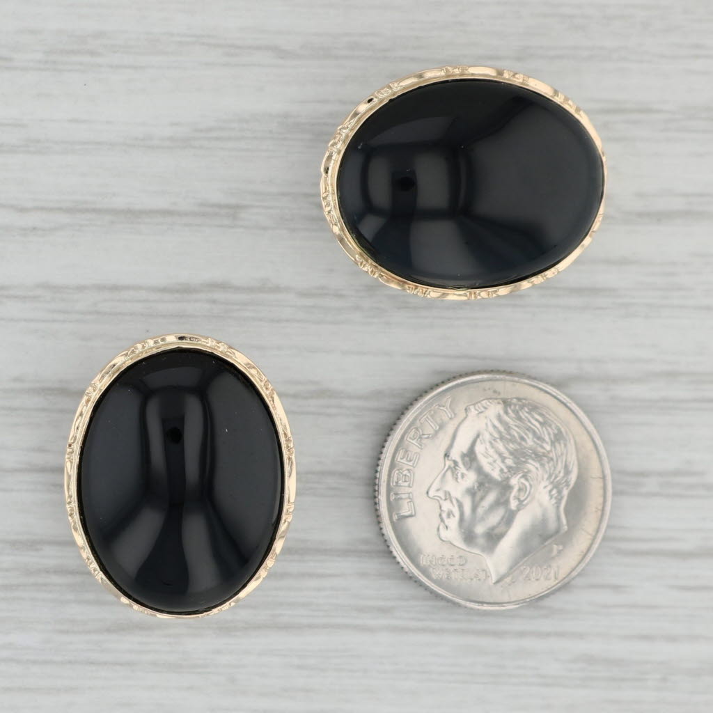 Gray Oval Onyx Cabochon Earrings 14k Yellow Gold Pierced Omega Backs