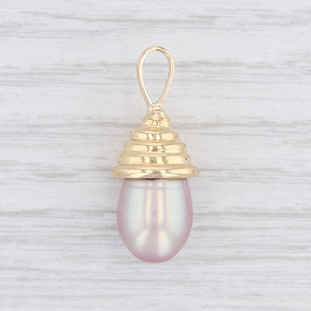 Light Gray Pink Cultured Freshwater Pearl Drop Pendant 18k Yellow Gold