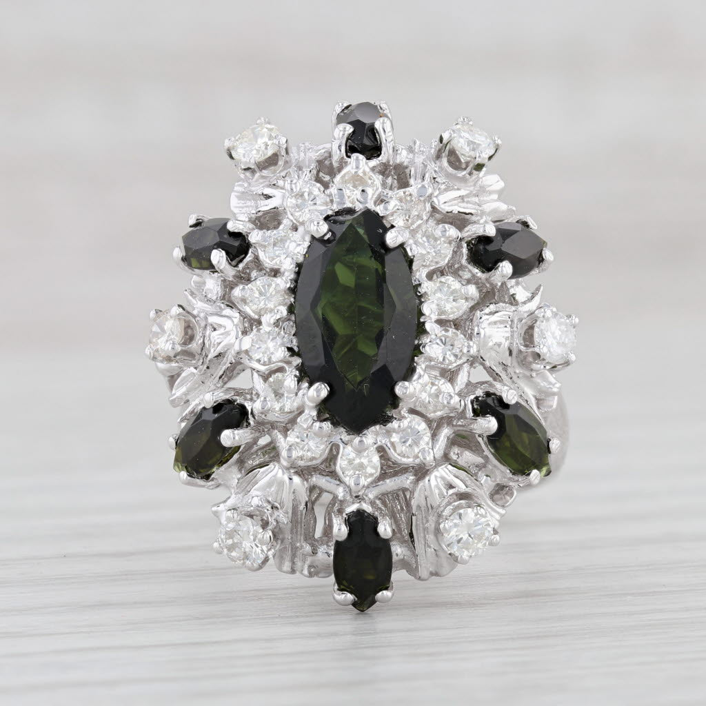 Light Gray 3.37ctw Green Tourmaline Diamond Cocktail Ring 18k White Gold Size 7.75