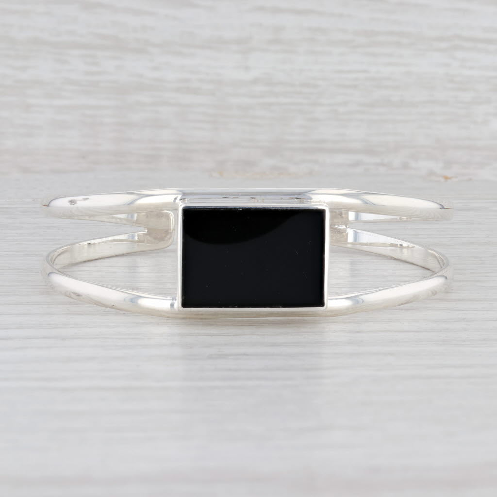 Light Gray New Rectangle Black Glass Cuff Bracelet Sterling Silver 6.5" Mexico Statement