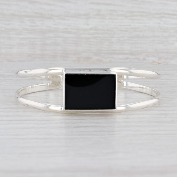 Light Gray New Rectangle Black Glass Cuff Bracelet Sterling Silver 6.5" Statement