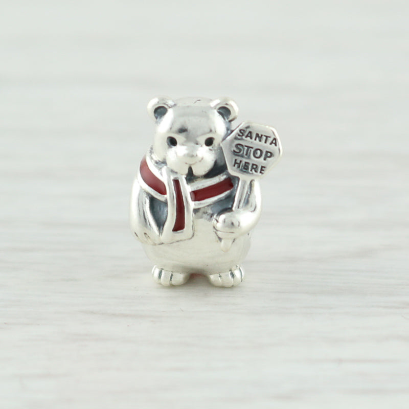 Light Gray New Authentic Pandora Christmas Teddy Bear Charm 791391ENMX Sterling Silver