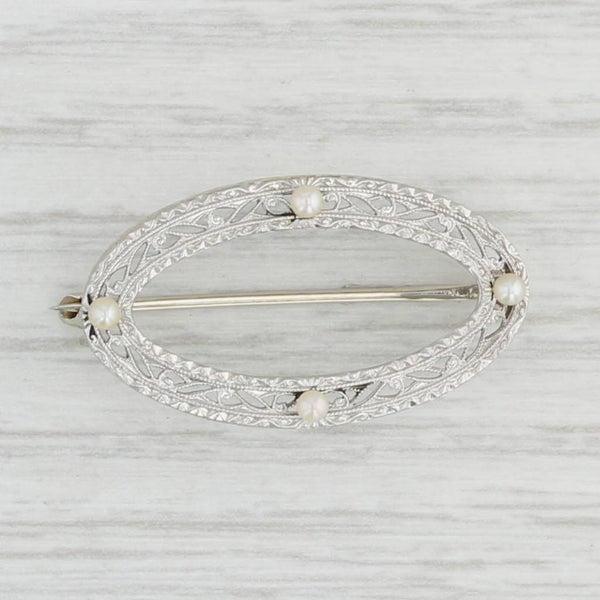 Light Gray Art Deco Seed Pearl Filigree Oval Brooch 14k White Gold Vintage Pin