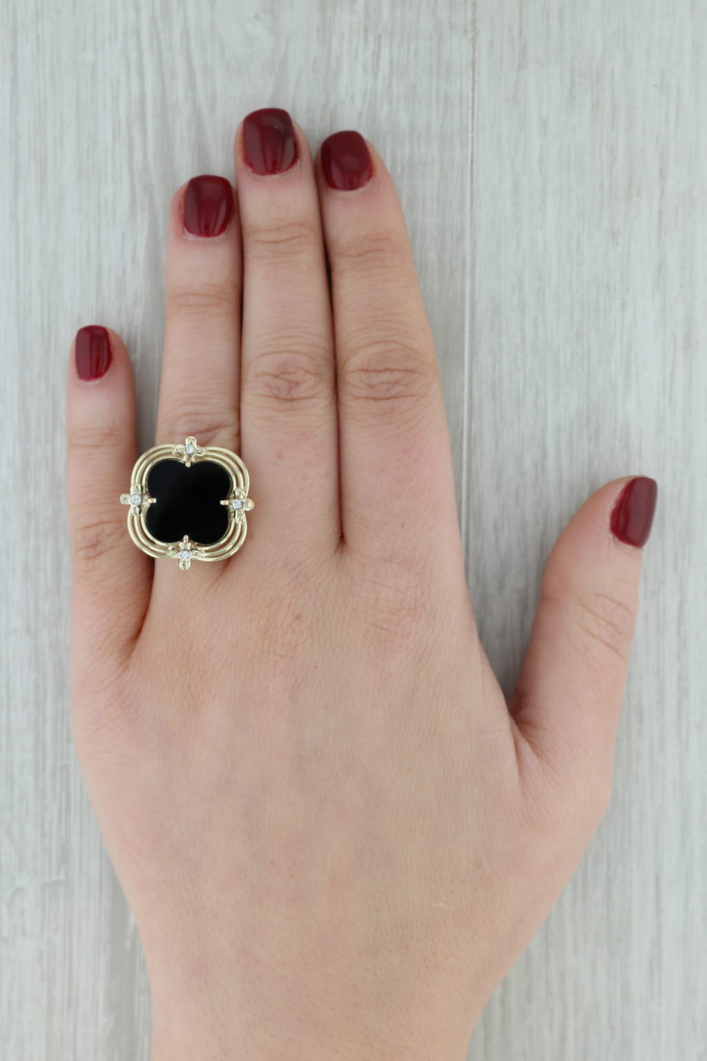 Gray Quatrefoil Onyx Diamond Ring 14k Yellow Gold Size 8.5 Cocktail