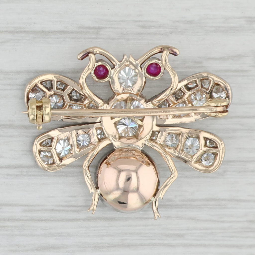 Gray Antique 1.55ctw Diamond Ruby Fly Brooch 10k Gold Silver Bee Pin