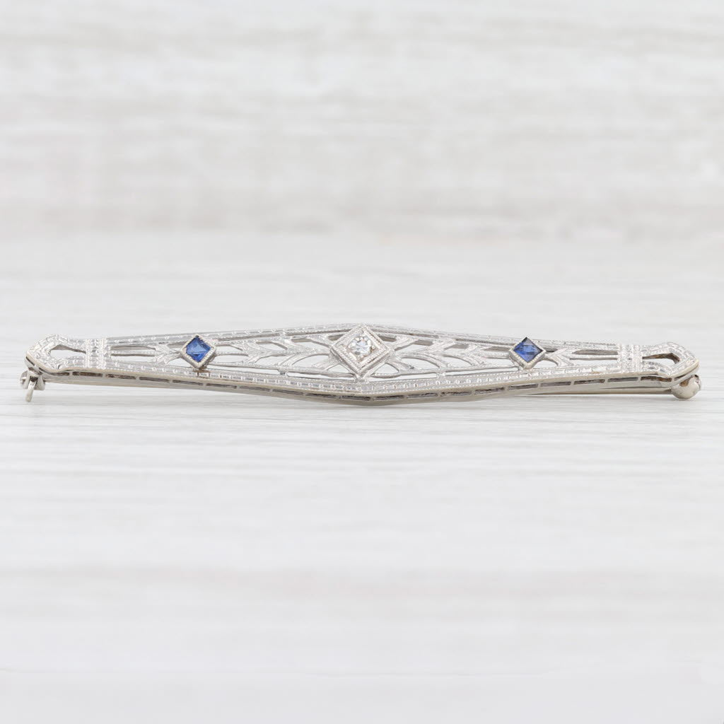 Light Gray Vintage Synthetic Blue Sapphire White Diamond Bar Brooch 14k Gold Flower Pin