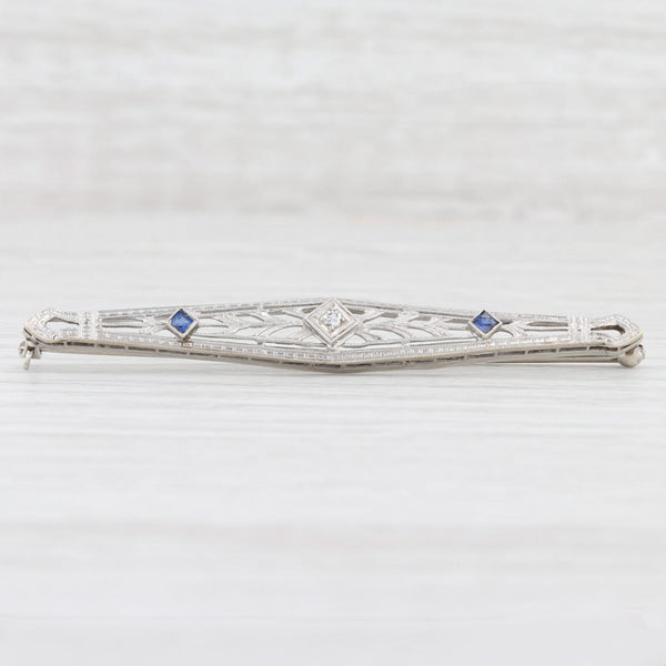Light Gray Vintage Synthetic Blue Sapphire White Diamond Bar Brooch 14k Gold Flower Pin