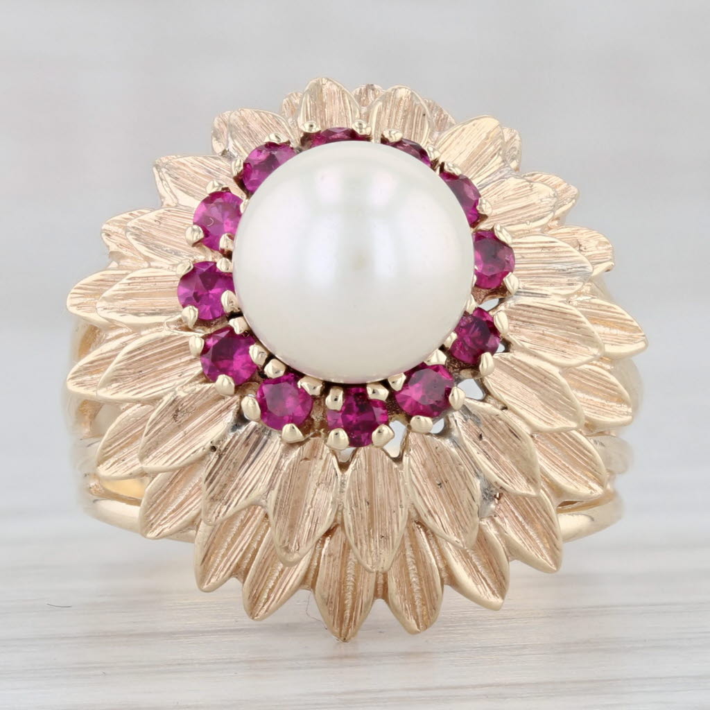 Light Gray Cultured Pearl Lab Created Ruby Flower Cocktail Ring 14k Yellow Gold Size 8.25