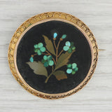 Dark Slate Gray Antique Pietra Dura Floral Brooch 14k Gold Turquoise Flower Mosaic 1800s Pin