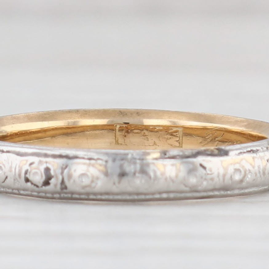 Light Gray Art Deco Floral Engraved Wedding Band Platinum over 18k Gold Sz 6.75 Ring Woods