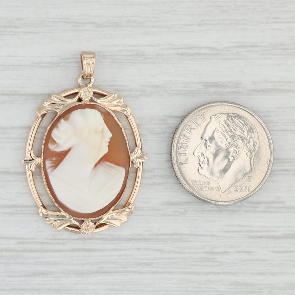 Light Gray Vintage Carved Shell Cameo Pendant 10k Yellow Gold Floral Frame