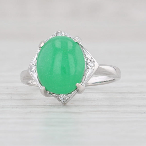 Light Gray Green Jadeite Jade Diamond Ring 14k White Gold Size 6 Oval Cabochon