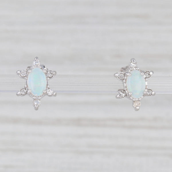 Light Gray Oval Opal Diamond Halo Stud Earrings 14k White Gold
