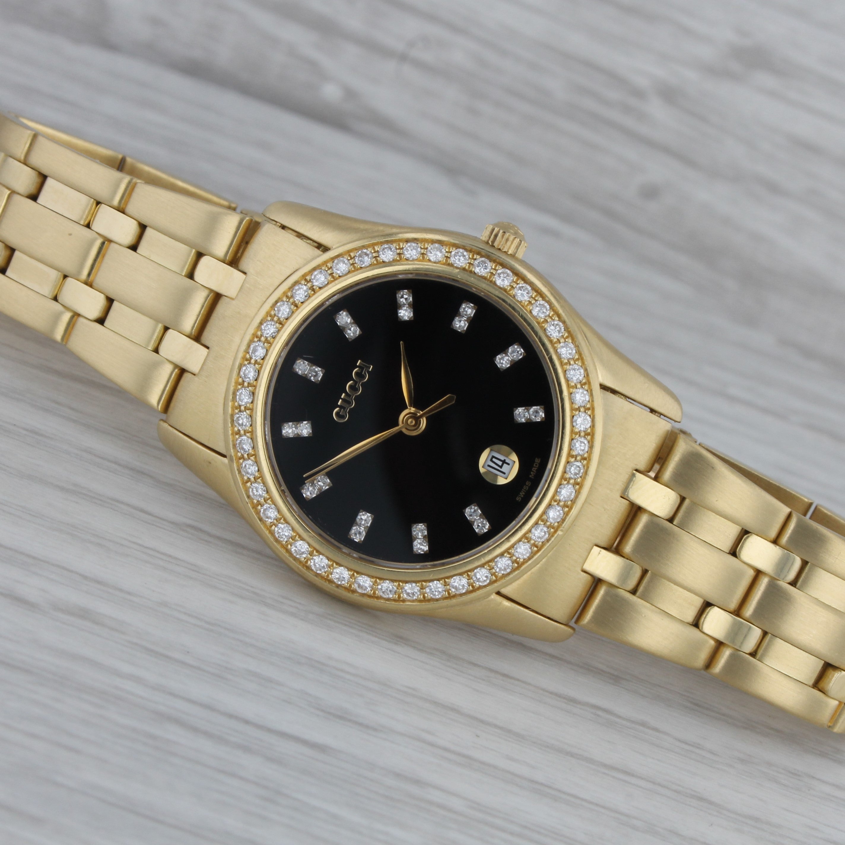 Dark Gray Gucci Solid 18k Yellow Gold 29mm Midsize Quartz Watch Diamond Dial & Bezel w Box