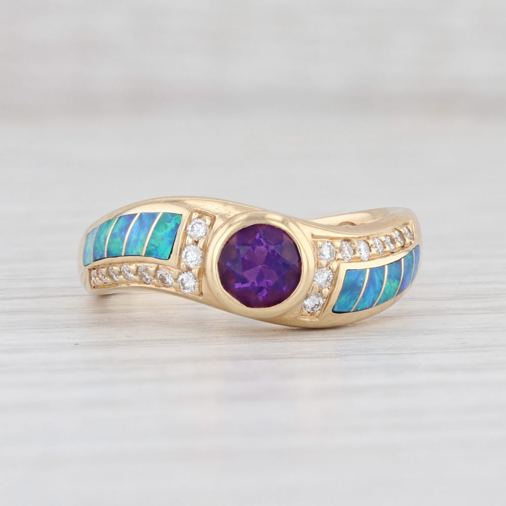 Light Gray New Kabana Ring Opal Inlay Diamond Amethyst Bypass 14k Yellow Gold Size 7