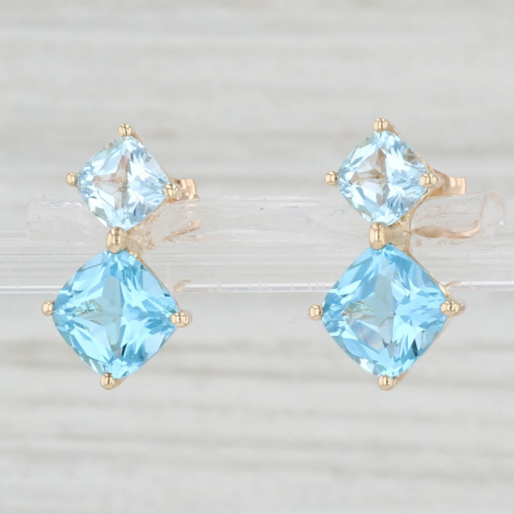 Light Gray 5ctw Cushion Princess Blue Topaz Drop Earrings 10k Yellow Gold