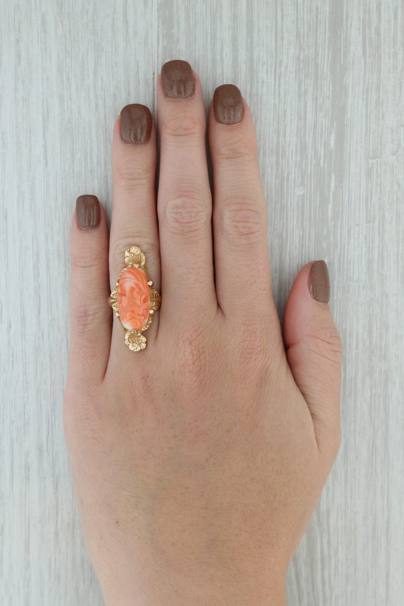 Dark Gray Vintage Carved Coral Cameo Ring 10k Yellow Gold Floral Statement size 4