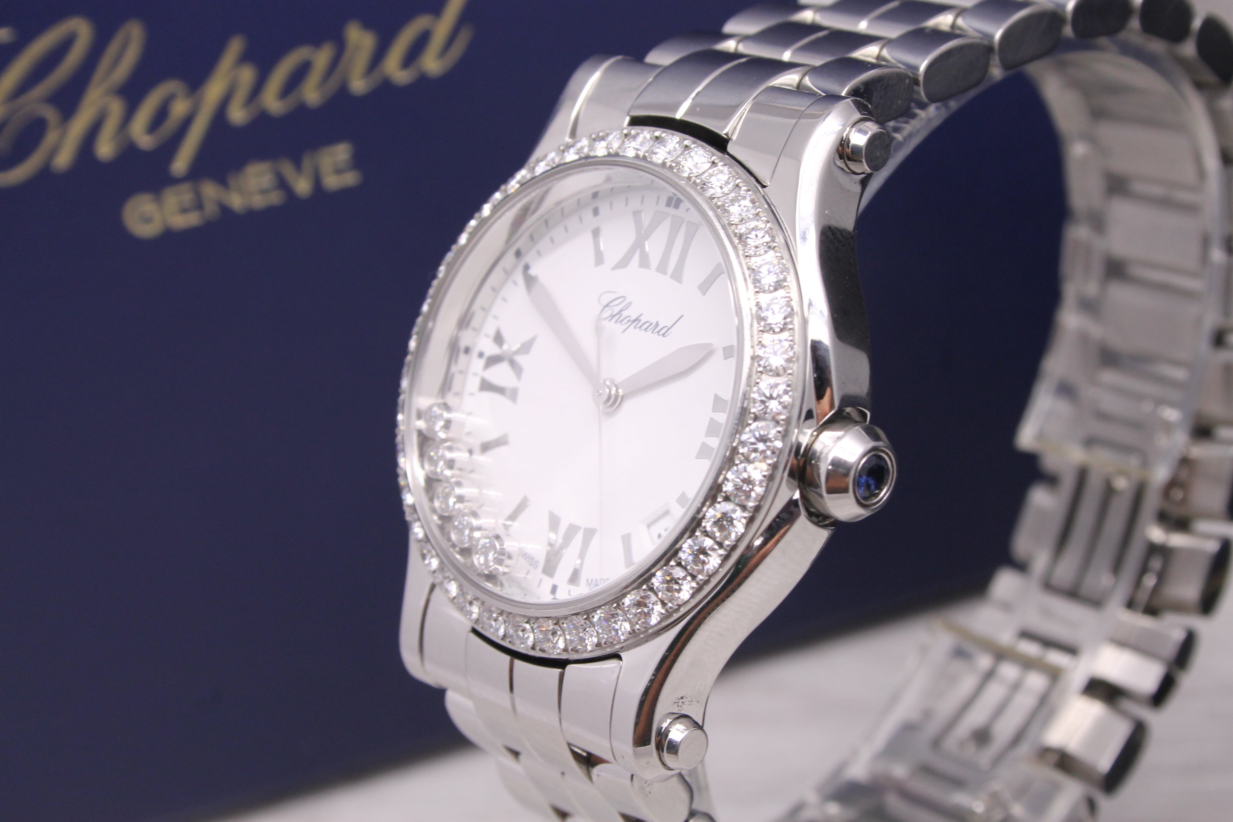 Dark Slate Gray Chopard Happy Sport Floating Diamonds Bezel 36mm Steel Quartz Watch ref.8582