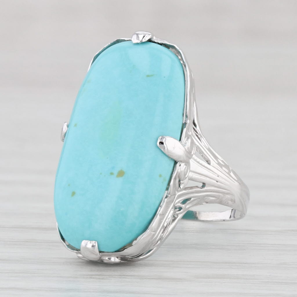 Light Gray Vintage Stabilized Turquoise Ring 14k White Gold Size 2.5 Oval Cabochon