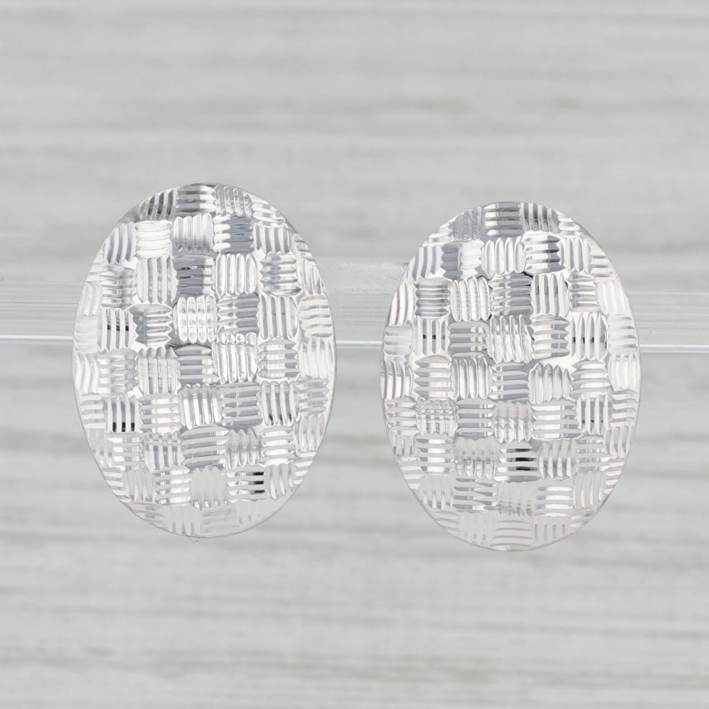 Gray Woven Crosshatch Pattern Oval Earrings 14k White Gold Pierced Omega Backs