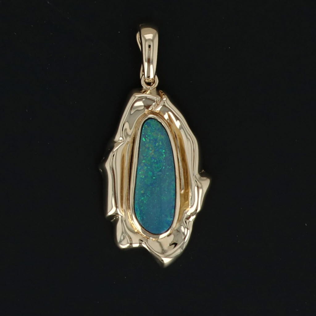 Black Custom Pinfire Opal Pendant 14k Yellow Gold Green Blue Solitaire Baroque Boulder