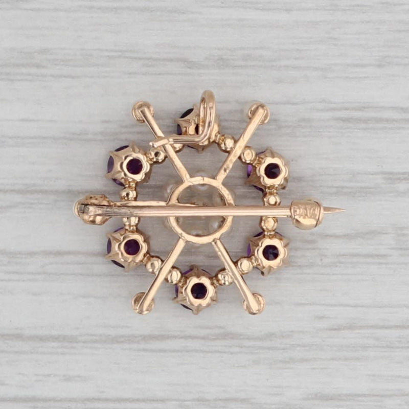 Vintage 1.20ctw Amethyst Pearl Brooch w/ Box 14k Yellow Gold Gemstone Pin
