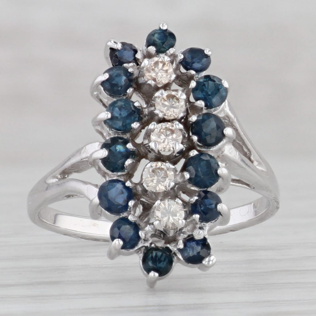 Gray 1.19ctw Blue Sapphire Diamond Cluster Ring 14k White Gold Bypass Size 7.5