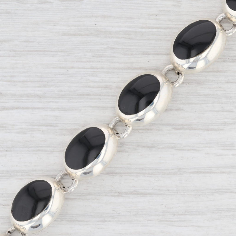 New Black Obsidian Glass Oval Link Bracelet Sterling Silver 8" 13.3mm Statement
