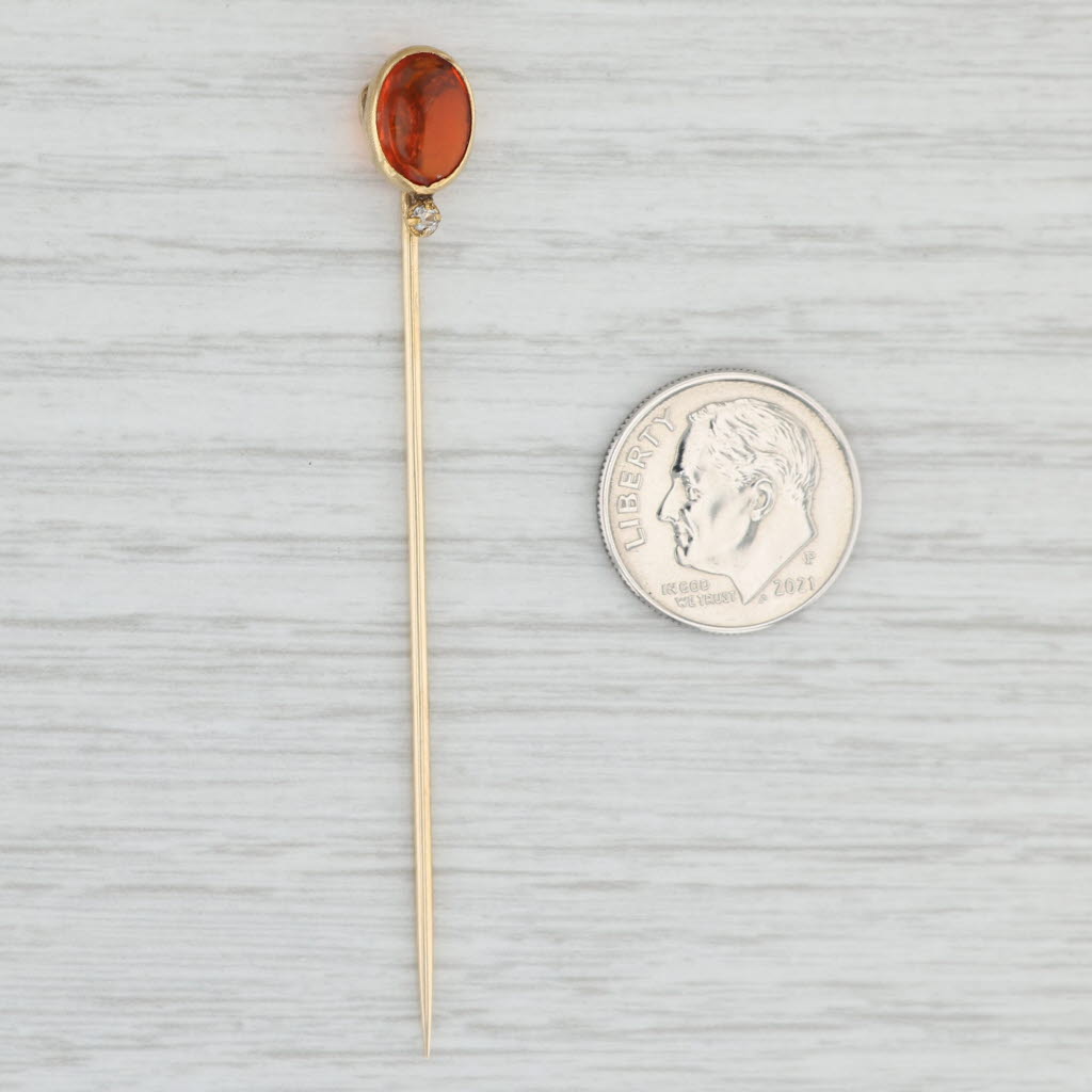 Light Gray Antique Orange Fire Opal Stickpin 14k Yellow Gold Oval Doublet Cabochon