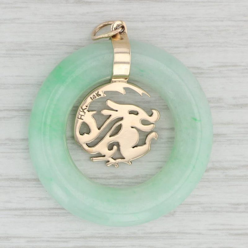 Gray Green Jadeite Jade Torus Dragon Pendant 14k Yellow Gold Asian Jewelry Statement