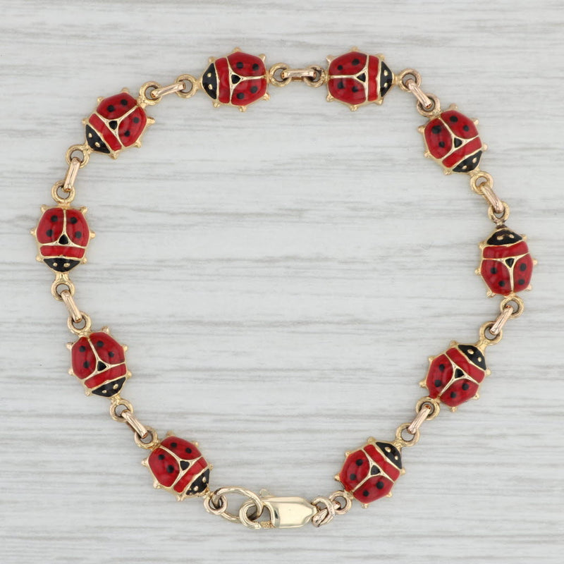 Ladybug Bracelet 14k Yellow Gold Enamel 6.75" 8mm Luck Insect Jewelry