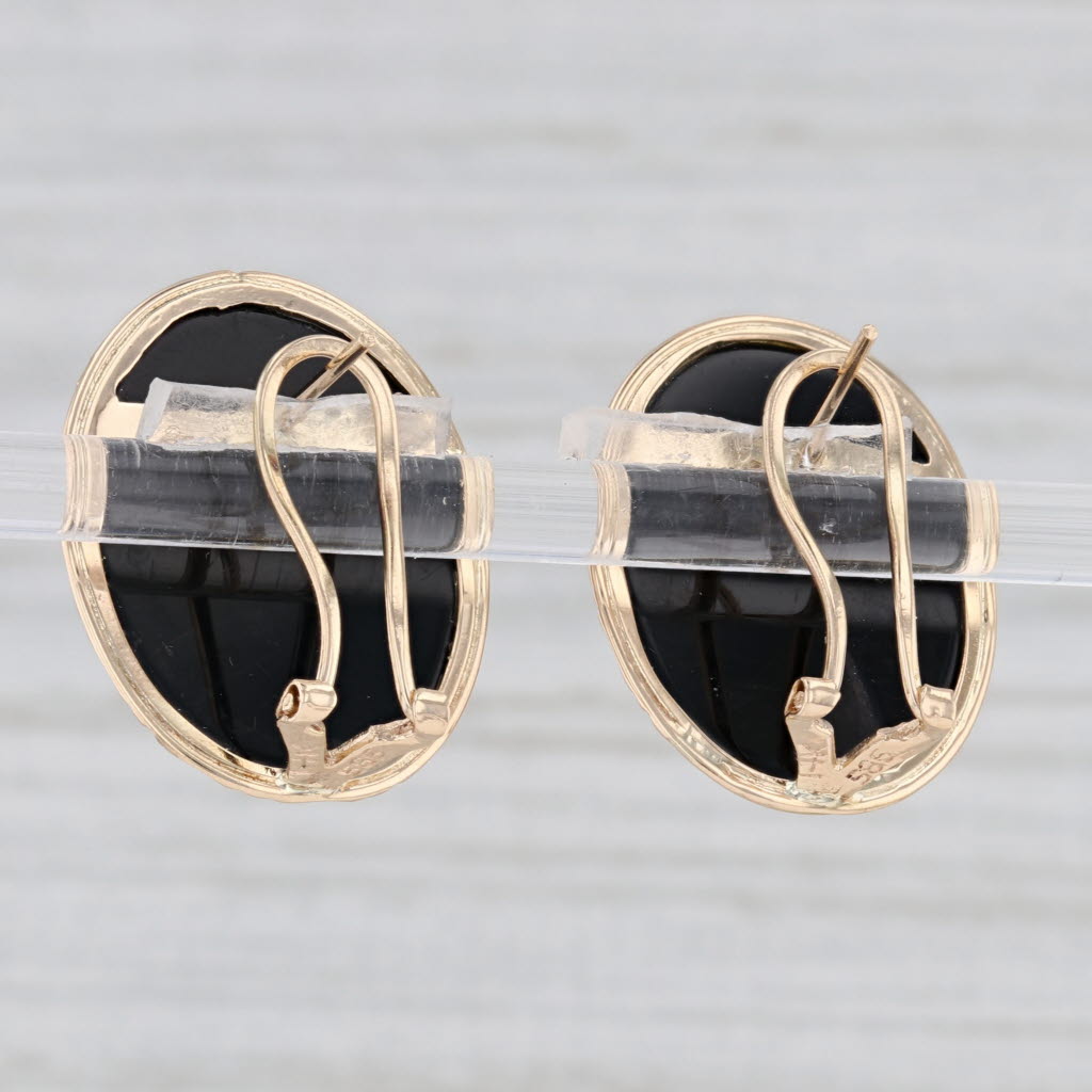 Light Gray Oval Onyx Cabochon Earrings 14k Yellow Gold Pierced Omega Backs