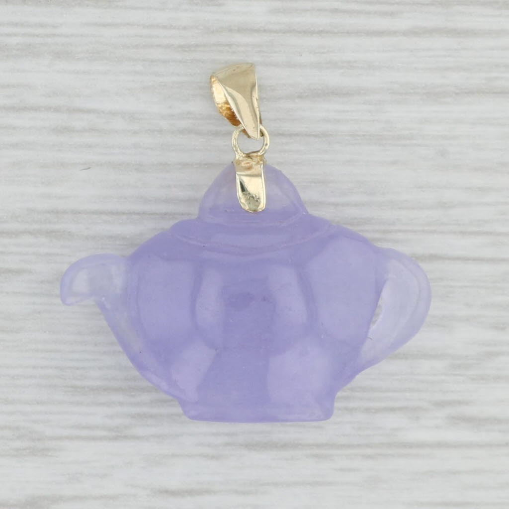 Gray Lavender Jadeite Jade Carved Tea Pot Pendant 14k Yellow Gold