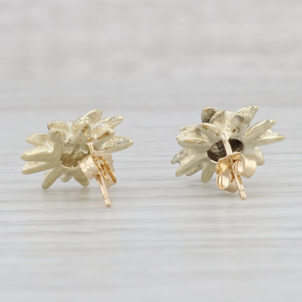 Light Gray Flower Stud Earrings 14k Yellow Gold Pierced Floral Studs