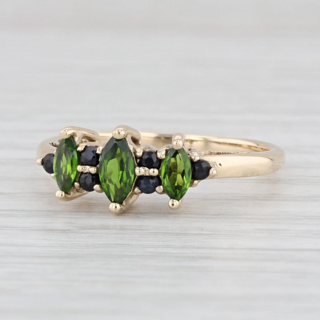 Light Gray 0.65ctw Green Chrome Diopside Blue Sapphire Ring 14k Gold Marquise 3-Stone