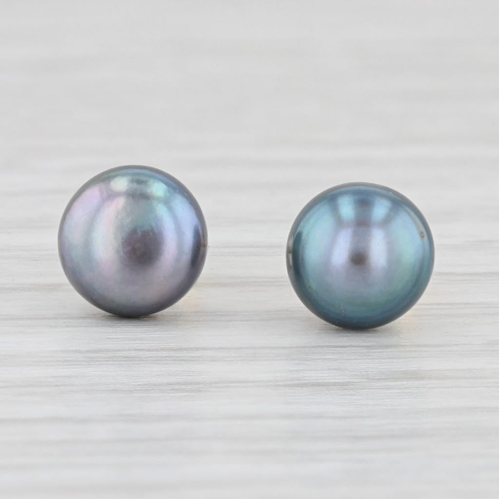 Light Gray Cultured Black Pearl Stud Earrings 14k Yellow Gold Pierced Studs