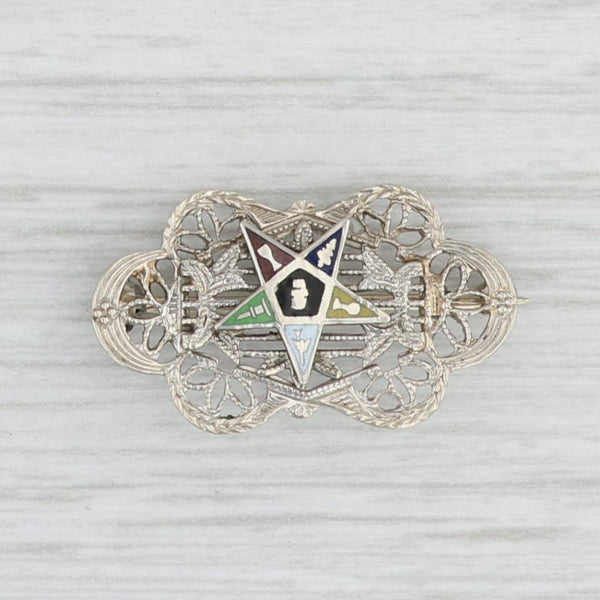 Light Gray Vintage Order Eastern Star Filigree Pin 14k White Gold Enamel Masonic Women's