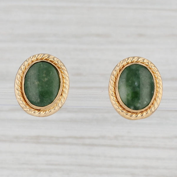 Light Gray Oval Green Nephrite Jade Stud Earrings 14k Yellow Gold Solitaire Studs